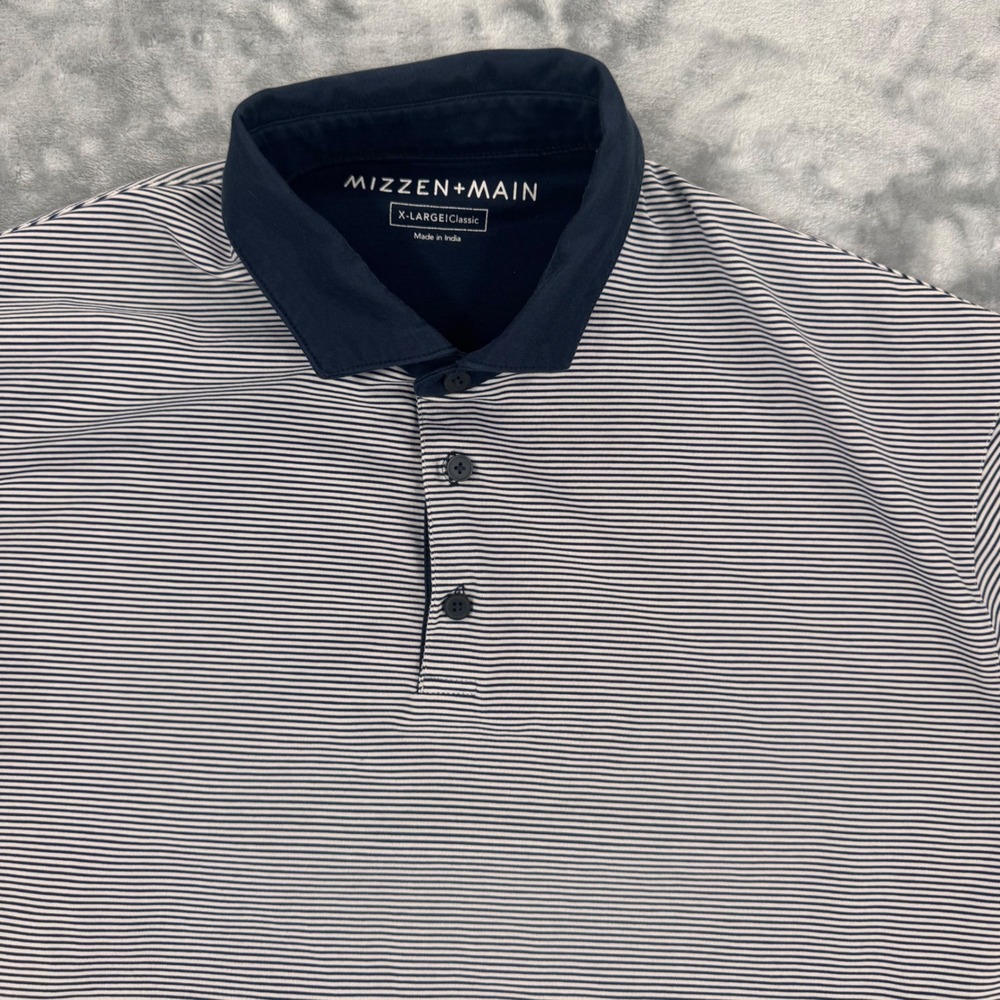 MIZZEN+MAIN Mens X Large Classic Navy‎ White Stripe Short Sleeve Polo Shirt